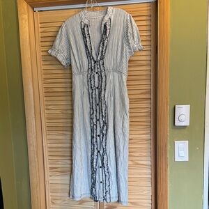 Anthropologie Blue and White Striped Ruffle-Front Midi Dress